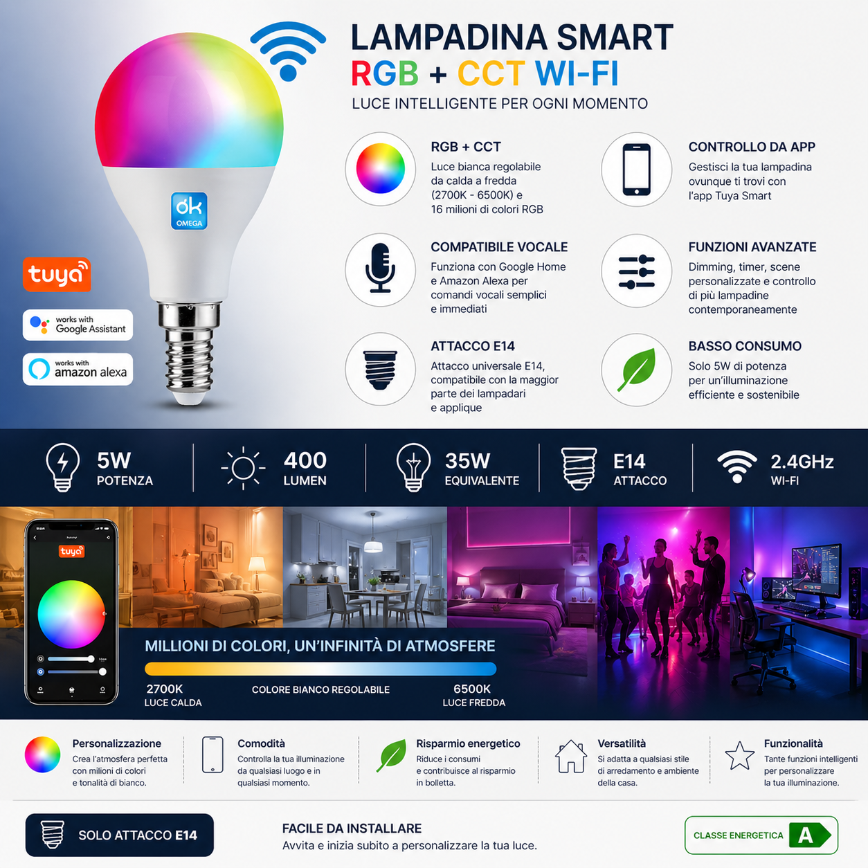 OMEGA Lampadina Smart 5W RGB+CCT E14