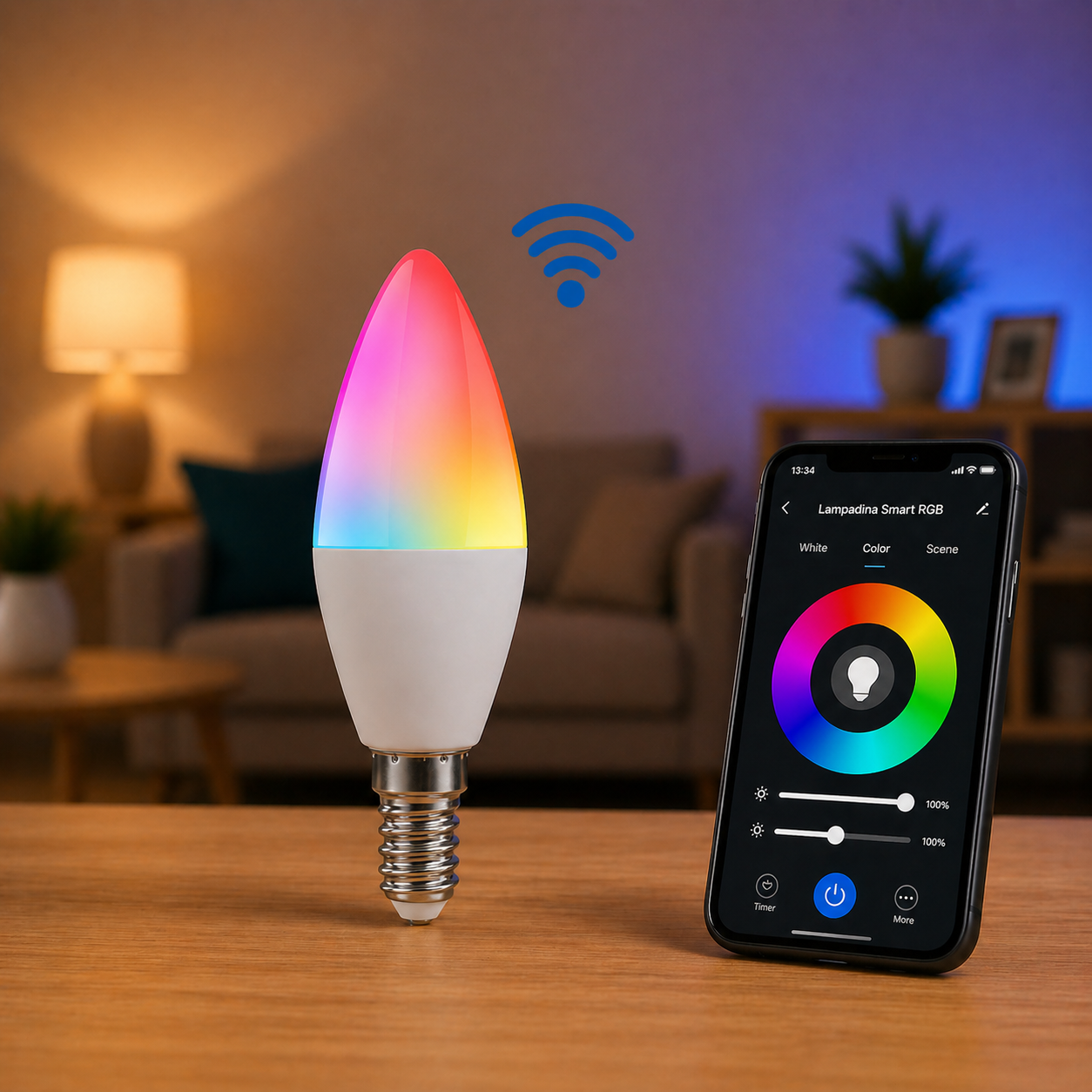 Lampadina LED OMEGA LD193 a forma di candela con luce soffusa RGB.