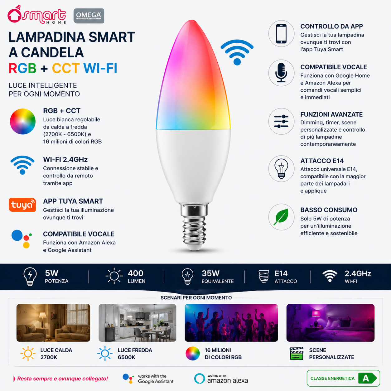 OMEGA Lampadina Smart Candela LD193 RGB+CCT 5W E14