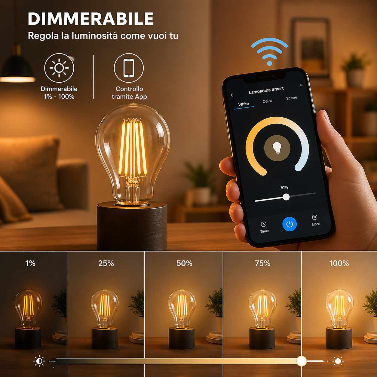 Lampadina LED OMEGA a filamento smart E27 accesa con dettagli dei filamenti.