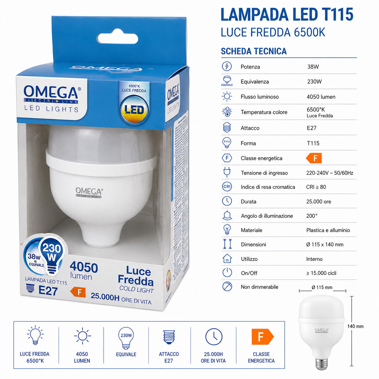 OMEGA Lampada Led Alta Potenza 38W 4050 Lumen E27