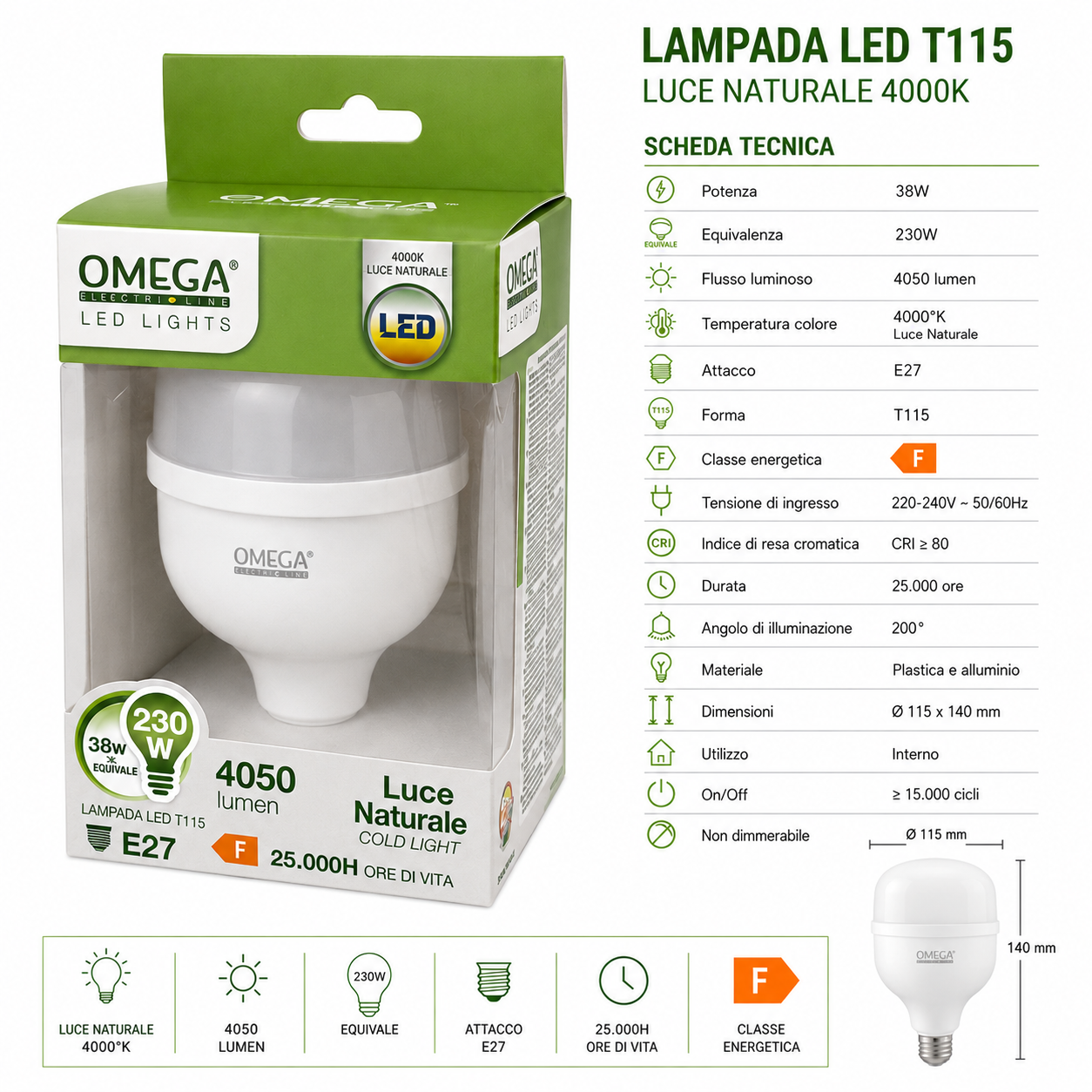 OMEGA Lampada Led Alta Potenza 38W 4050 Lumen E27