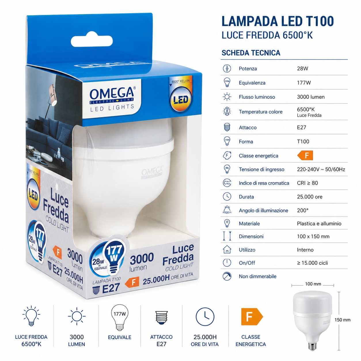 OMEGA Lampada Led Alta Potenza 28W 3000 Lumen E27
