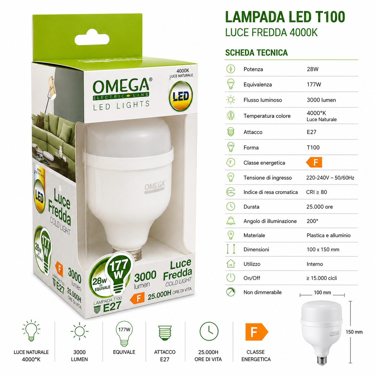OMEGA Lampada Led Alta Potenza 28W 3000 Lumen E27