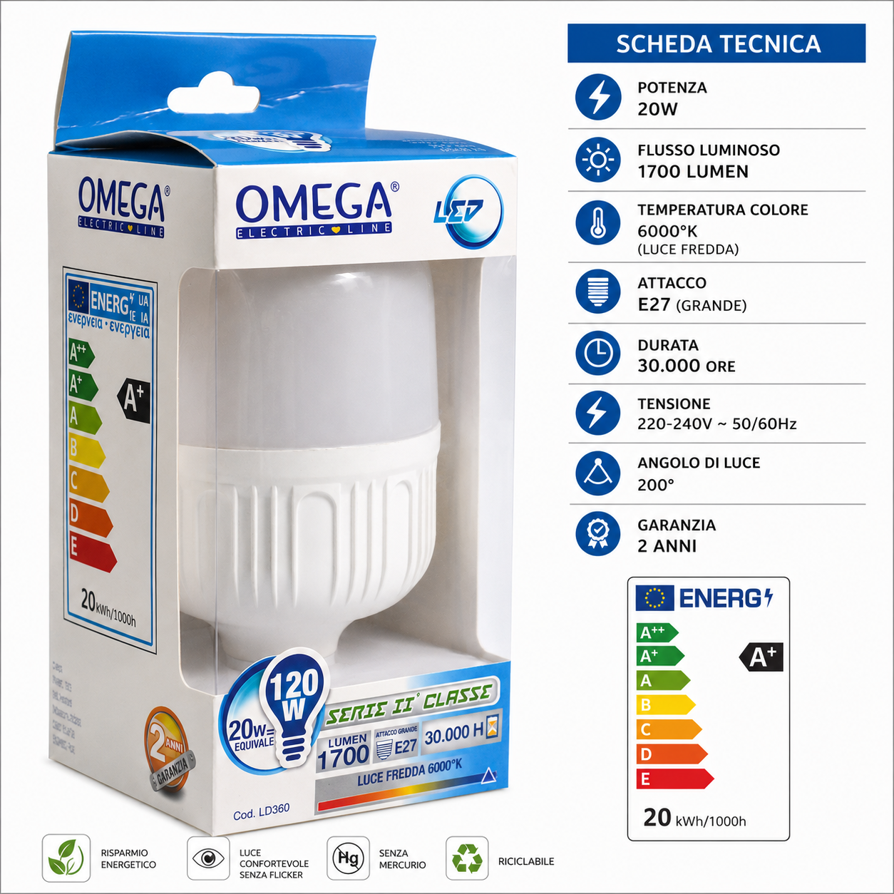 OMEGA Lampada Led Alta Potenza 20W 1700 Lumen E27