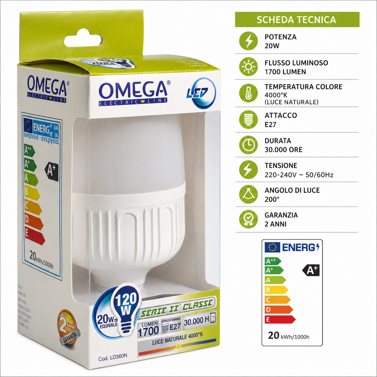 OMEGA Lampada Led Alta Potenza 20W 1700 Lumen E27