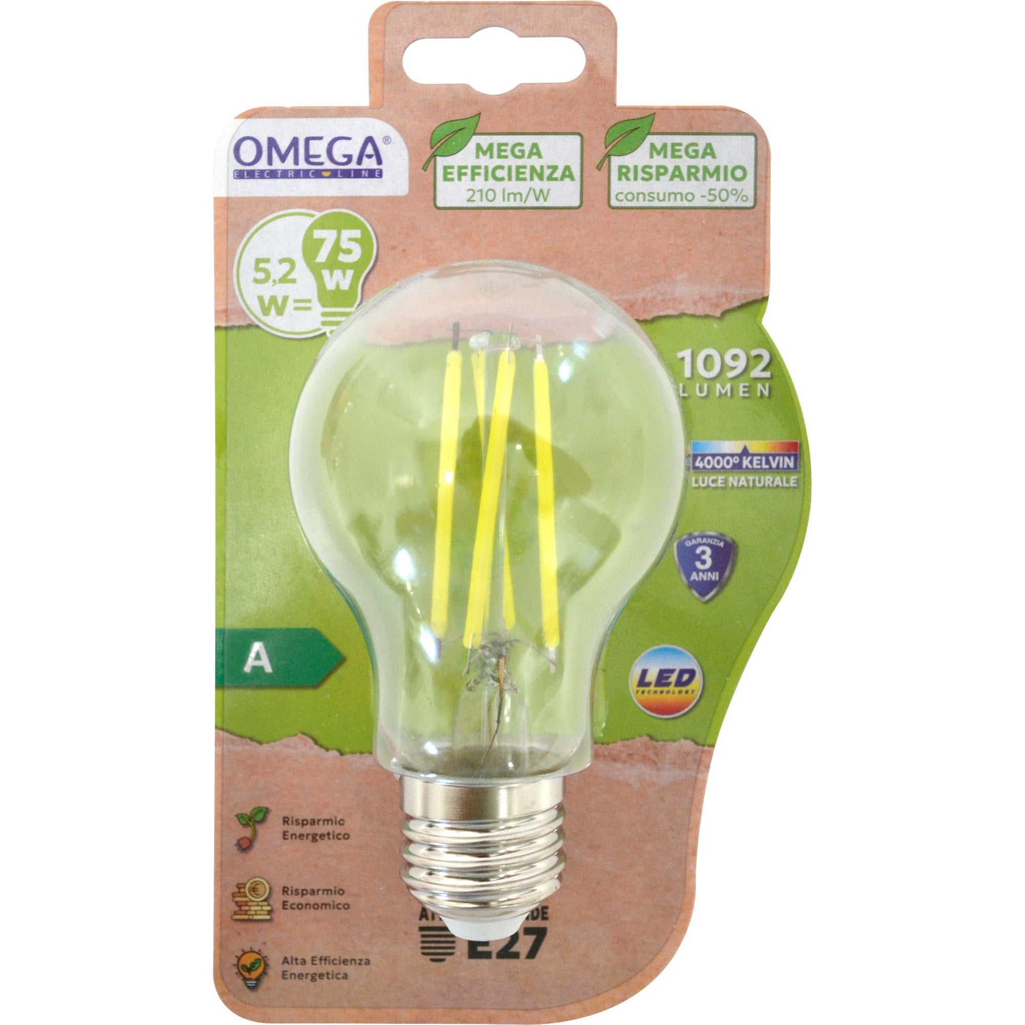 OMEGA Set 2 Lampadine Classe A E27 5.2W 1092LM  Ultra Efficienza 210 lm/W