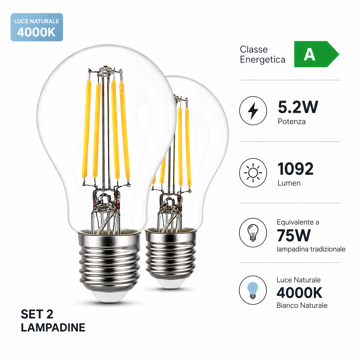 Set di due lampadine LED OMEGA LD480 Classe A in vetro trasparente.
