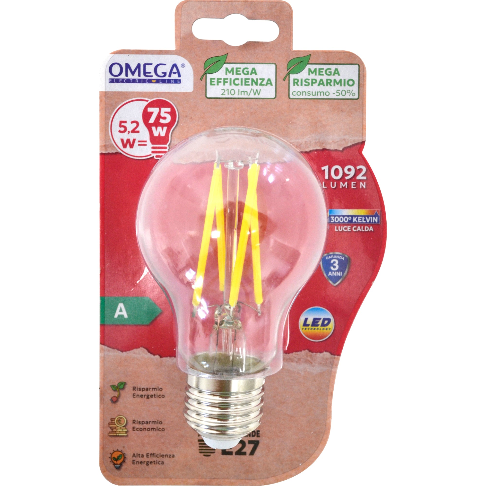 OMEGA Set 2 Lampadine Classe A E27 5.2W 1092LM  Ultra Efficienza 210 lm/W