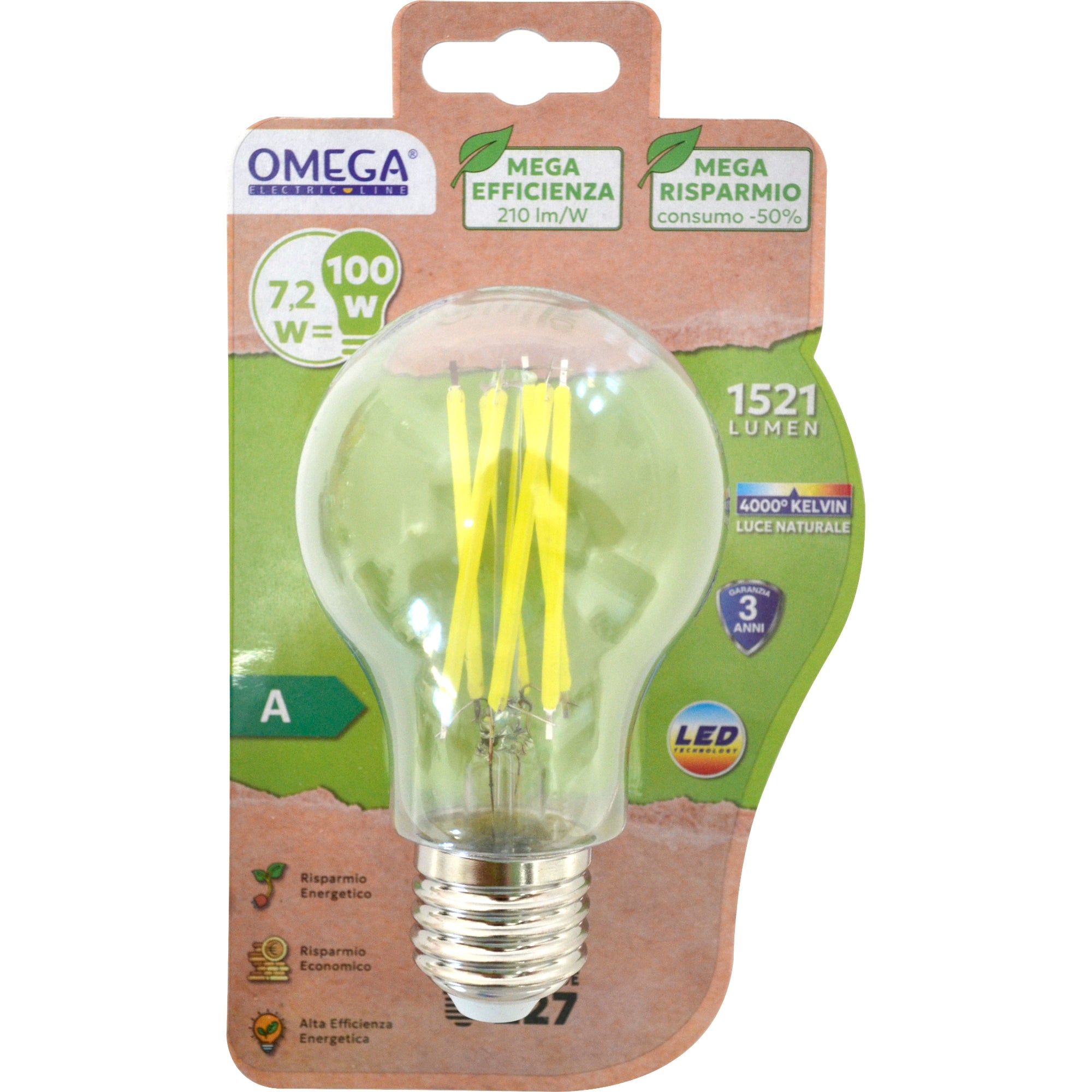 OMEGA Set 2 Lampadine Classe A E27 7.2W 1521LM Ultra Efficienza 210 lm/W