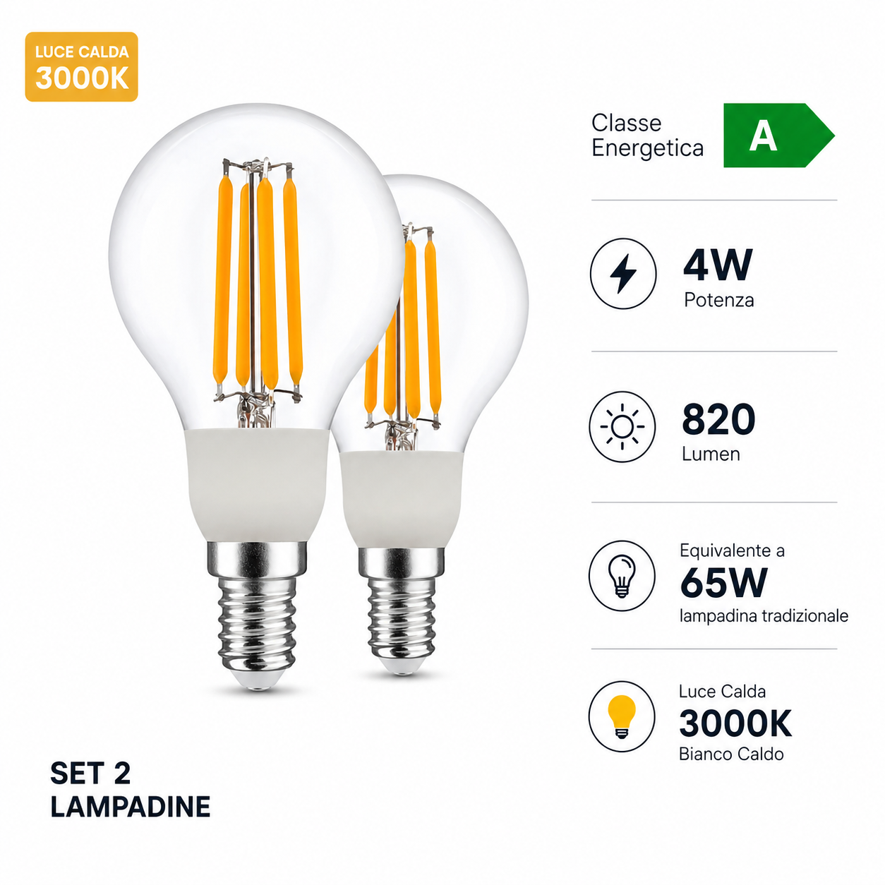 OMEGA Set 2 Lampadine  Classe A E14 P45 4W 840LM Ultra Efficienza 210 lm/W