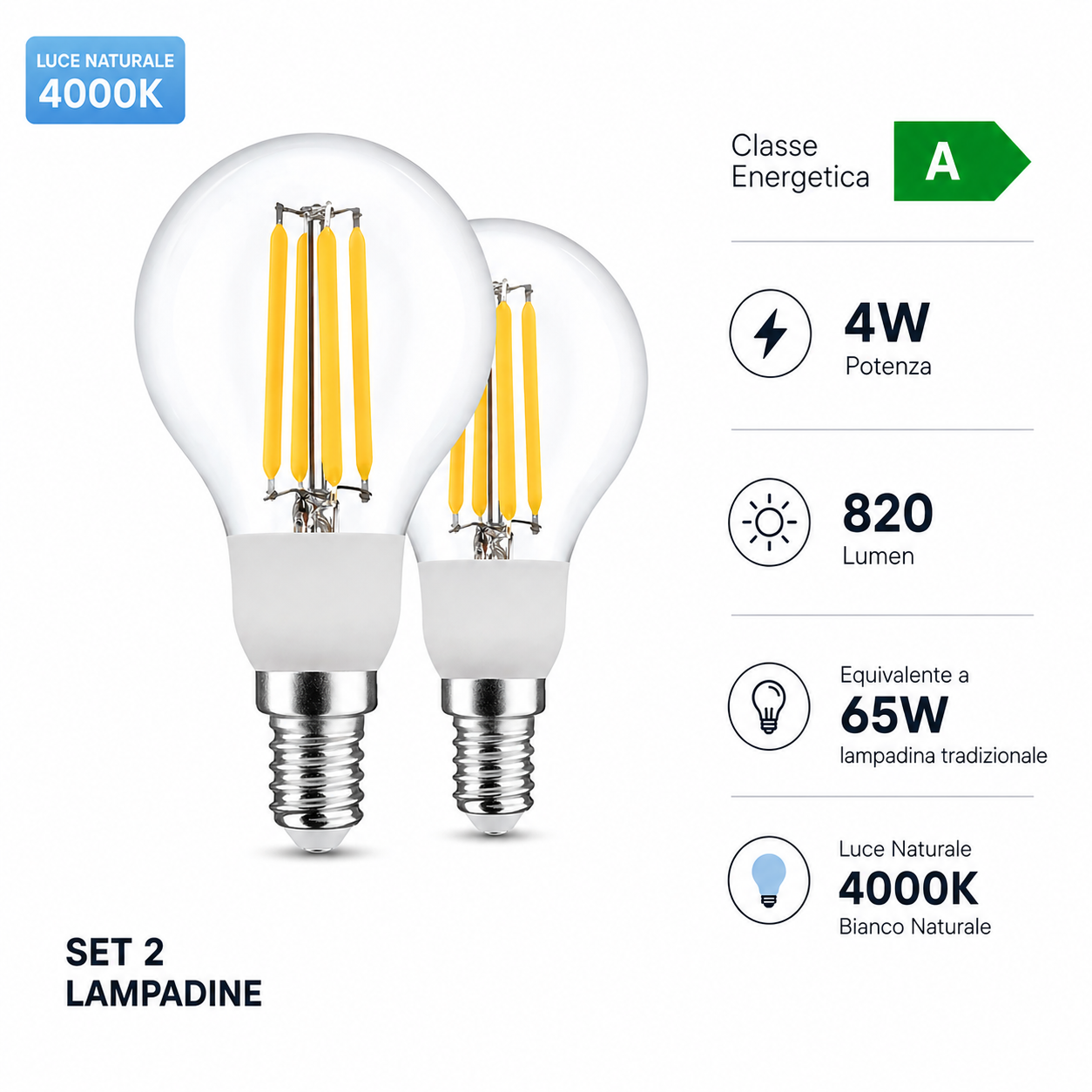 Coppia di lampadine LED OMEGA LD482 Classe A a filamento trasparente.