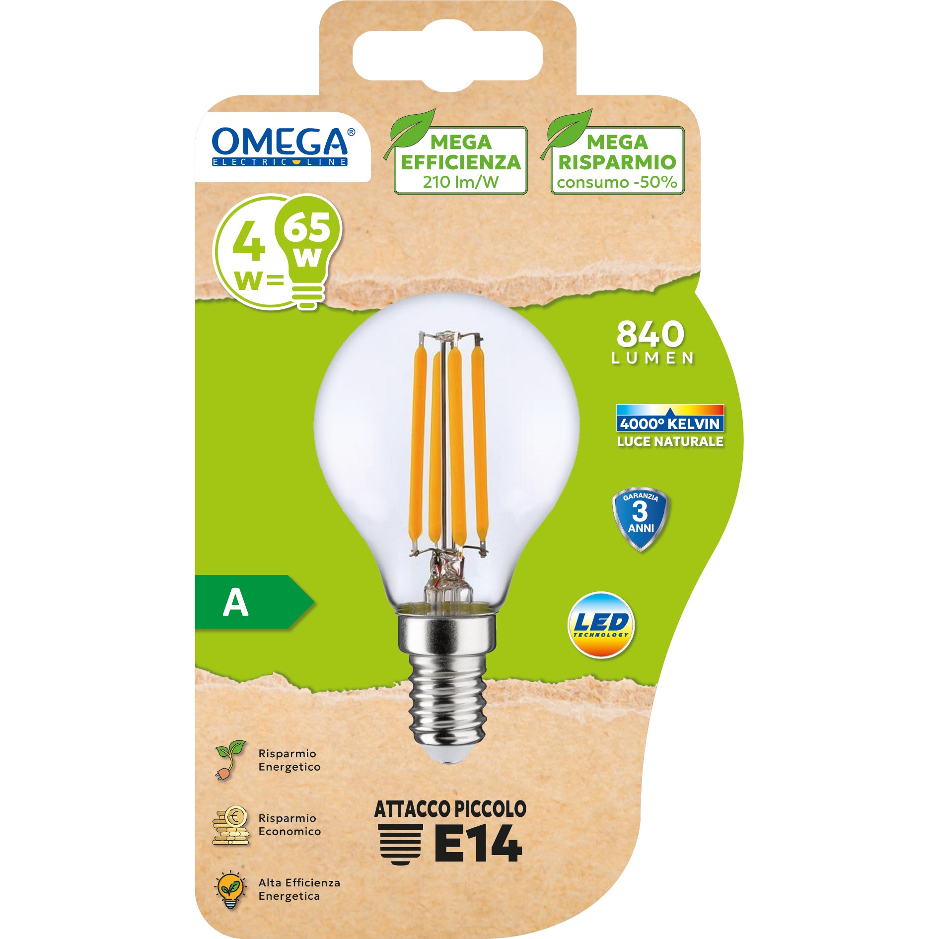 OMEGA Set 2 Lampadine  Classe A E14 P45 4W 840LM Ultra Efficienza 210 lm/W