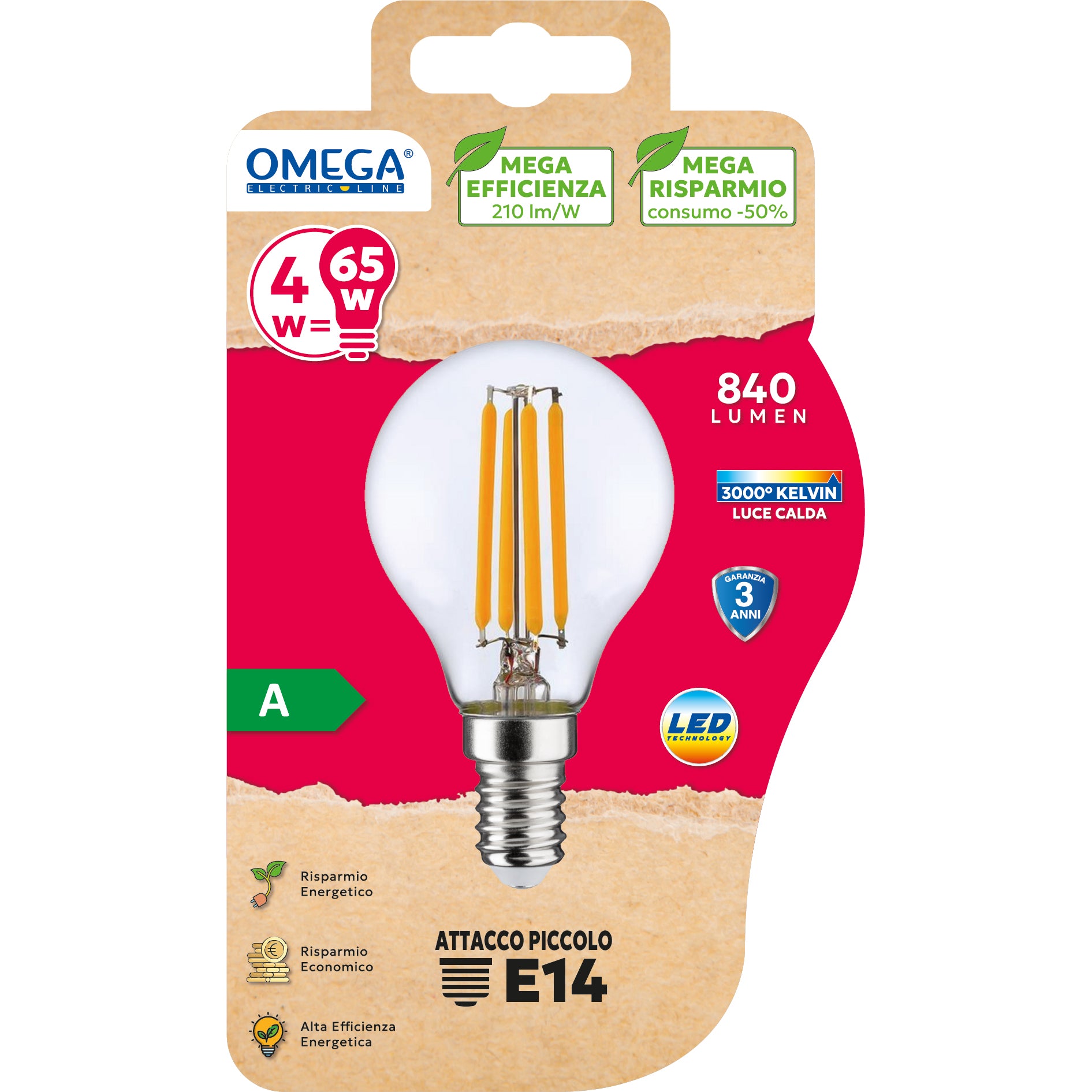 Coppia di lampadine LED OMEGA LD482 Classe A a filamento trasparente.