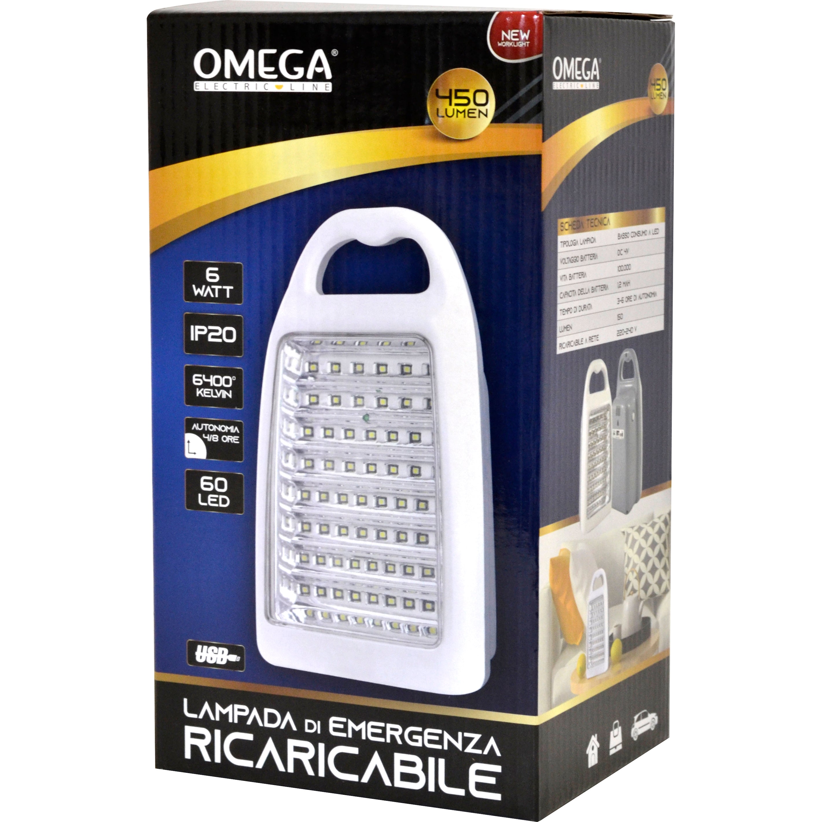 OMEGA Lampada emergenza ricaricabile portatile