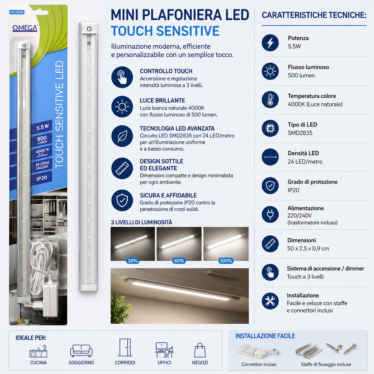 OMEGA Mini Plafoniera LED Sottopensile Touch 50cm 5.5W 500LM 4000K
