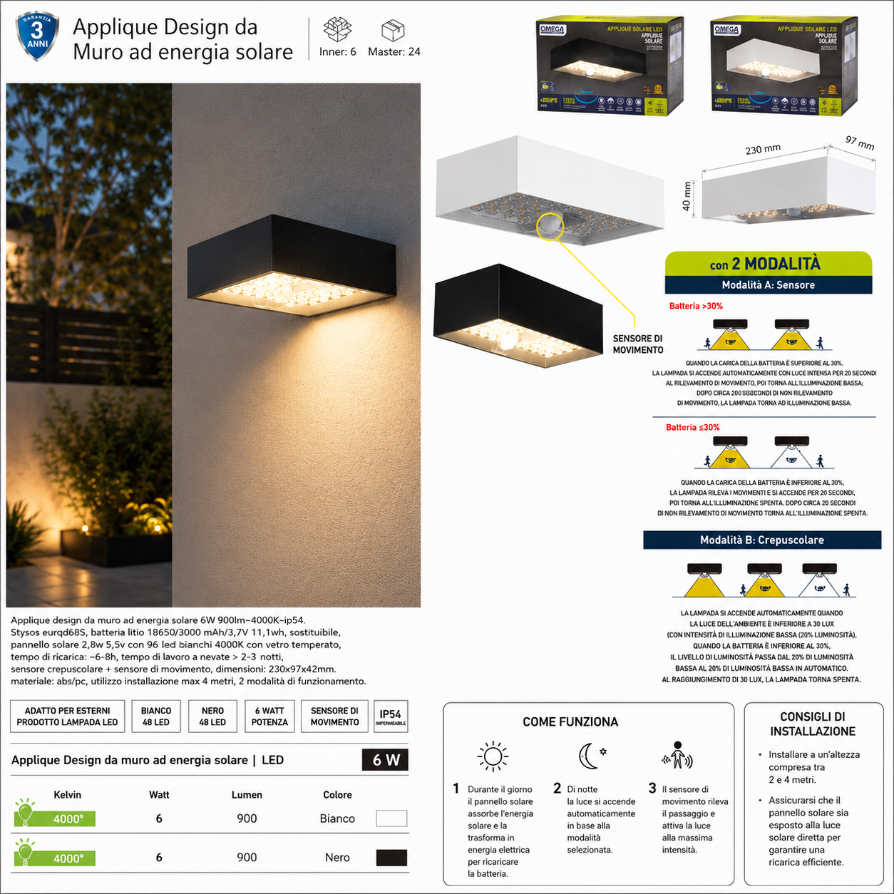 OMEGA Applique LED Solare da Muro 6W 900lm IP54 con Sensore
