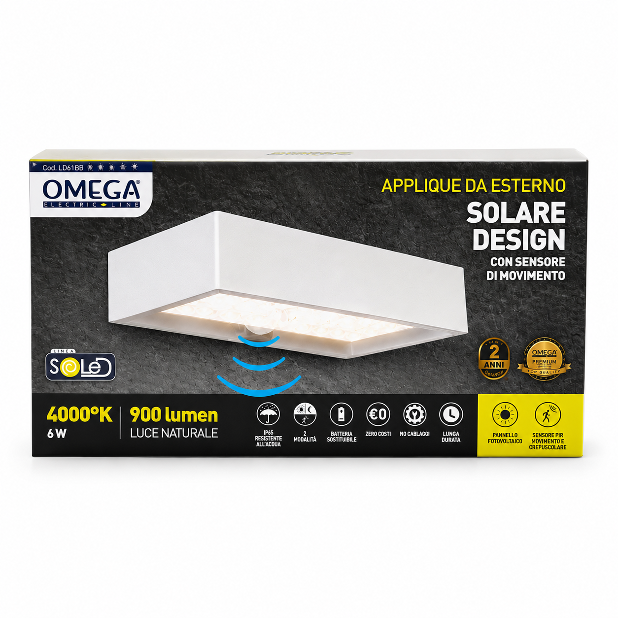 OMEGA Applique LED Solare da Muro 6W 900lm IP54 con Sensore