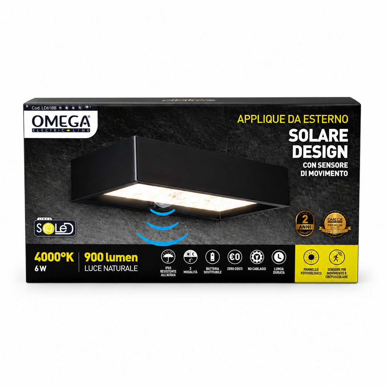 OMEGA Applique LED Solare da Muro 6W 900lm IP54 con Sensore