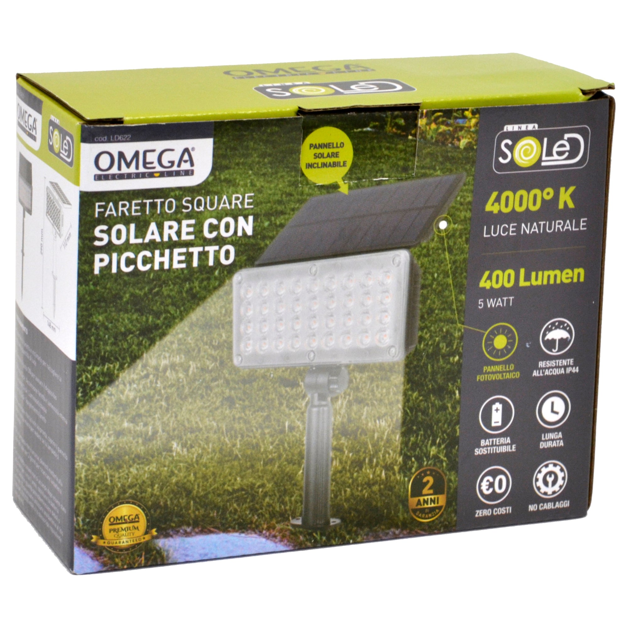 OMEGA Faretto Solare Square 400 Lumen con Picchetto 4000K IP44