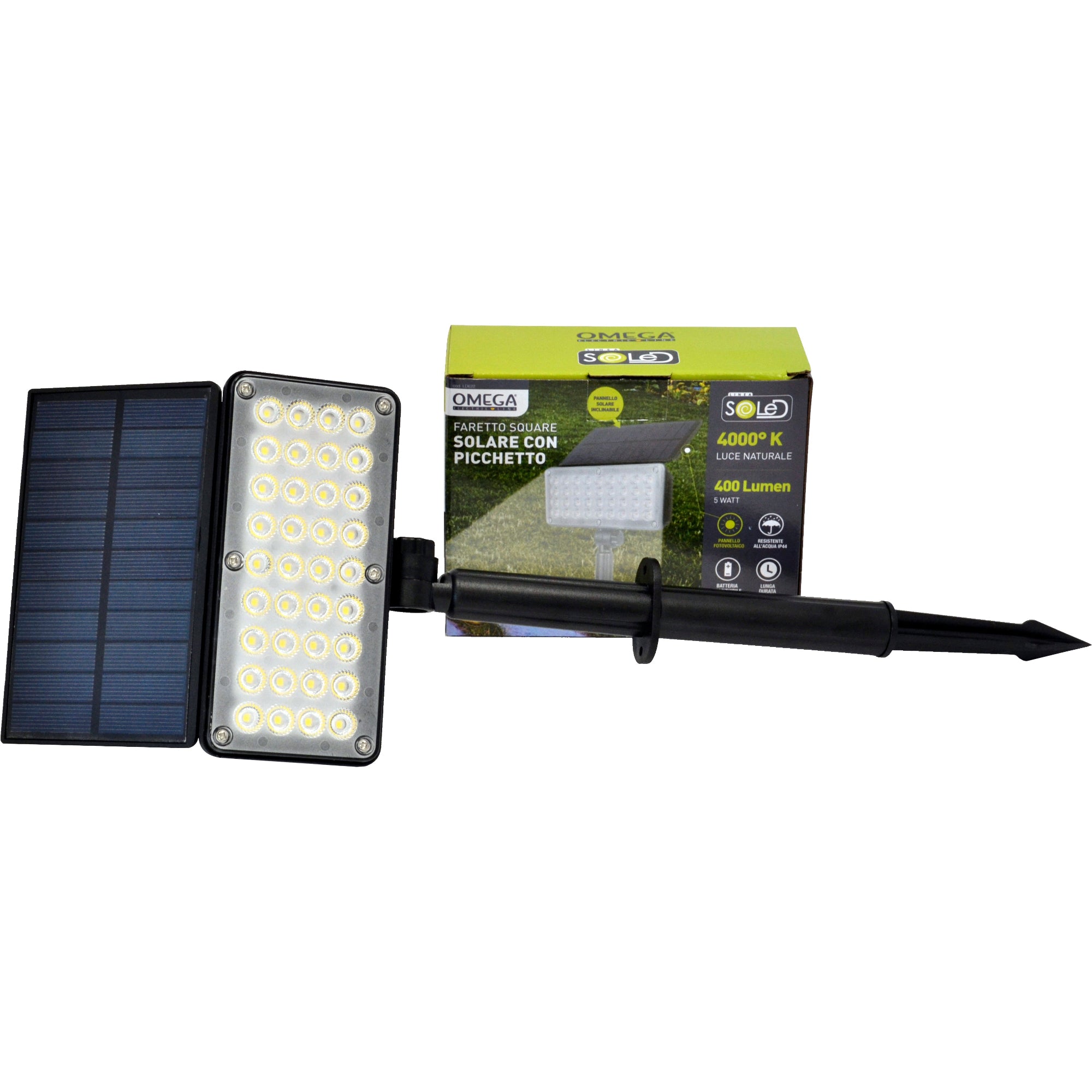 OMEGA Faretto Solare Square 400 Lumen con Picchetto 4000K IP44