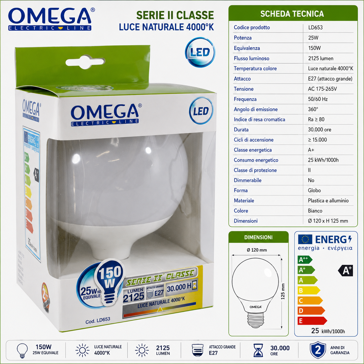 OMEGA Lampadina Led Globo 25W (150W) 2125 Lumen E27