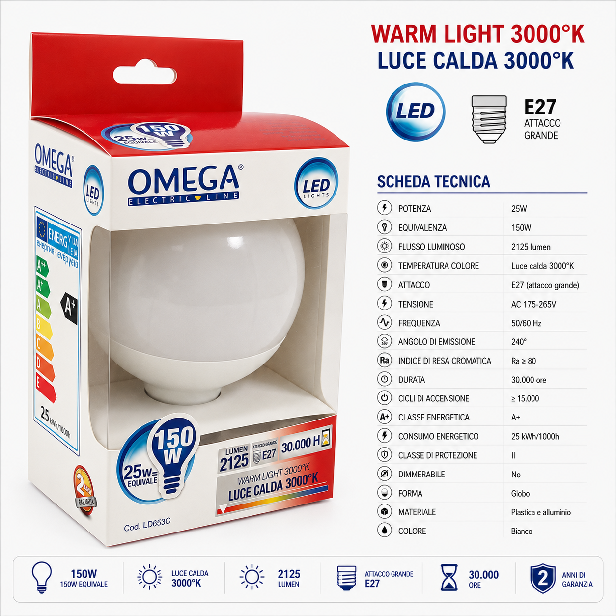 OMEGA Lampadina Led Globo 25W (150W) 2125 Lumen E27