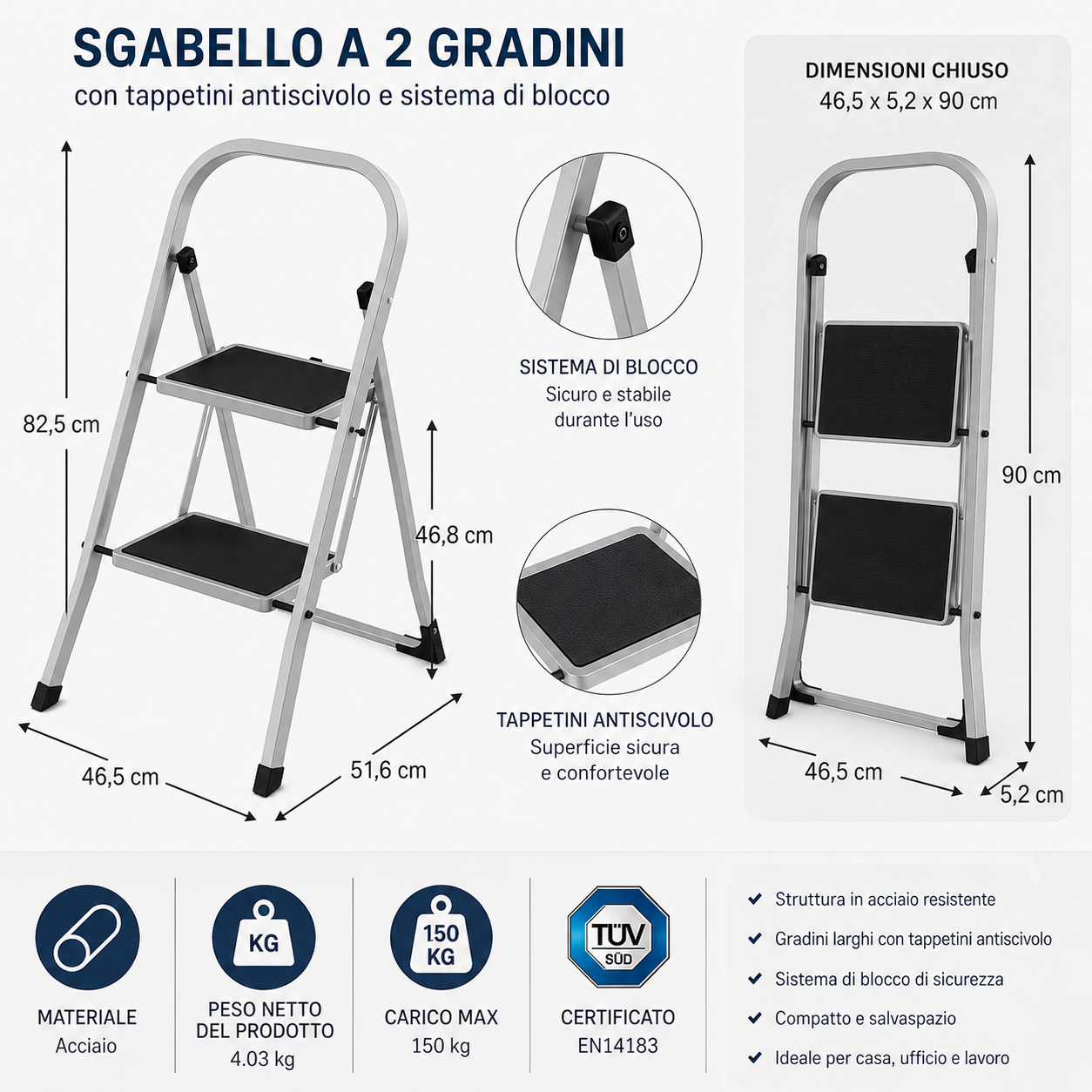 KOMBO Sgabello 2 o 3 Gradini in Acciaio Antiscivolo Certificato TUV
