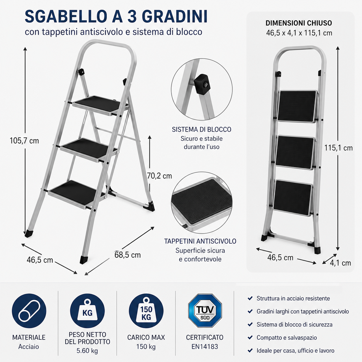 KOMBO Sgabello 2 o 3 Gradini in Acciaio Antiscivolo Certificato TUV