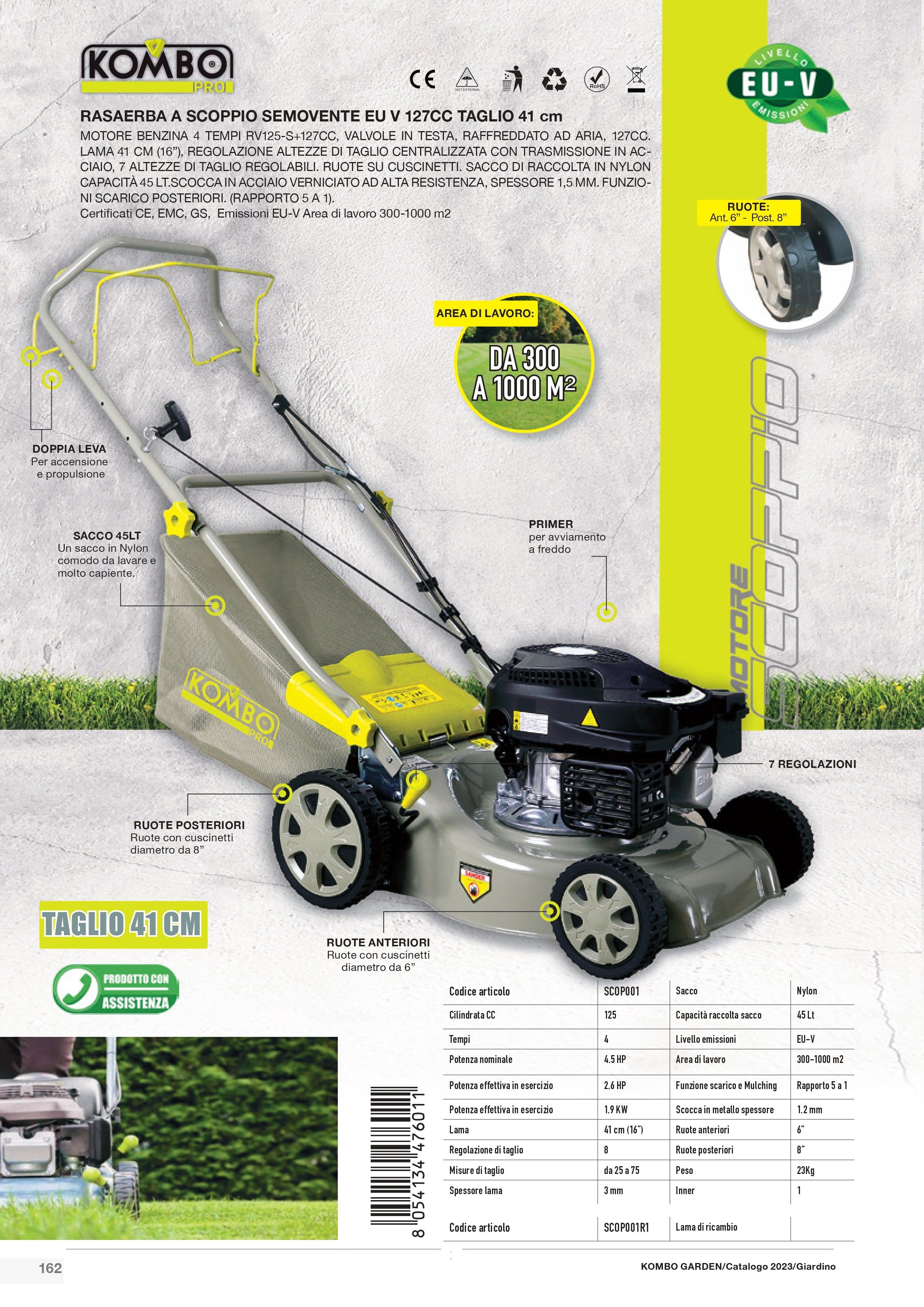 KOMBO Rasaerba a scoppio semovente 125cc 1,6kw taglio 41cm