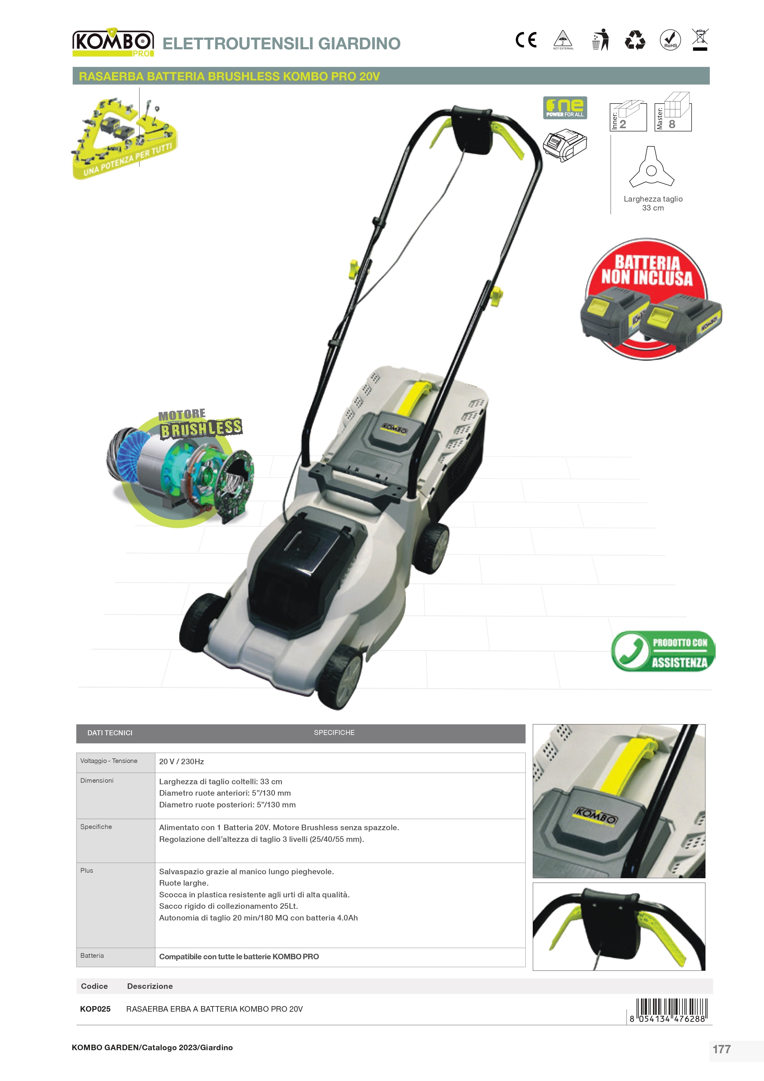 KOMBO Rasaerba cordless 20V taglio 38cm