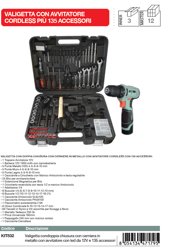 KOMBO Trapano/avvitatore cordless con batteria 1,3Ah 12V, caricabatteria + 135 accessorie e utensili manuali