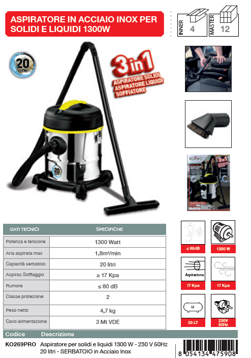 KOMBO Aspiratore/soffiatore inox per solidi e liquidi 1300W