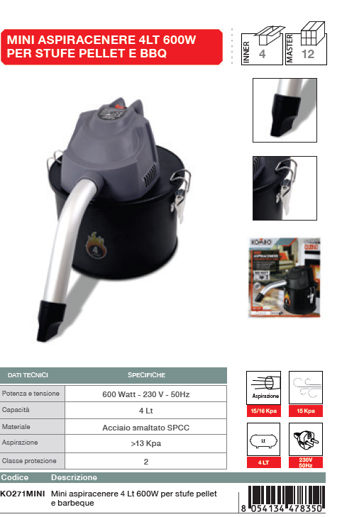 KOMBO Mini aspiracenere 4lt 600W