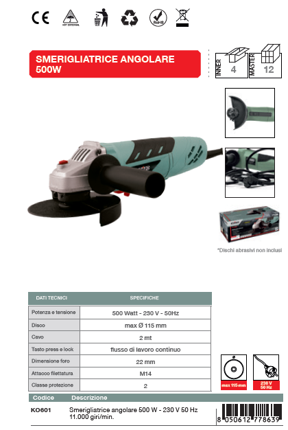 KOMBO Smerigliatrice angolare d.115 500W