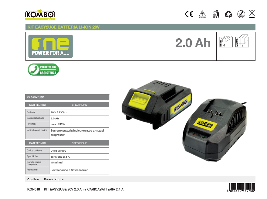 KOMBO PRO Set Caricabatteria 2,4A + batteria 2,0Ah 20V
