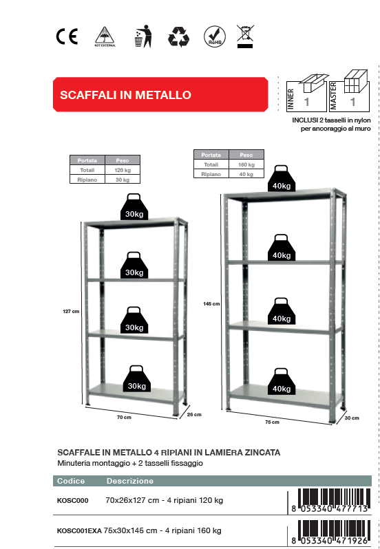 KOMBO Scaffale 4 ripiani 75x30x145cm