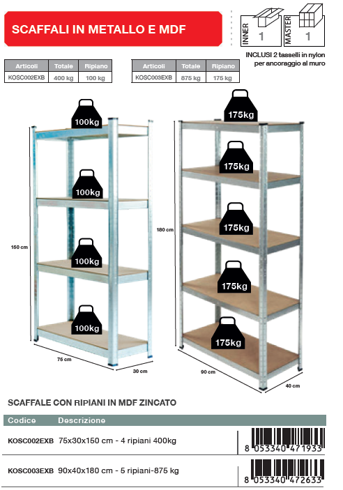 KOMBO Scaffale 4 ripiani 75x30x150cm