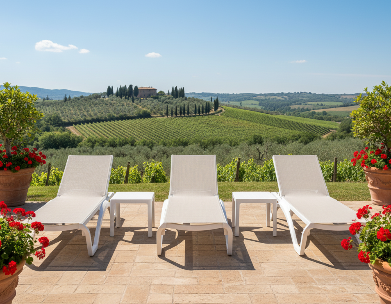 Albatros Relax: lettino da giardino in polipropilene bianco con Textilene imbottito grigio. Schienale a 4 posizioni e ruote integrate