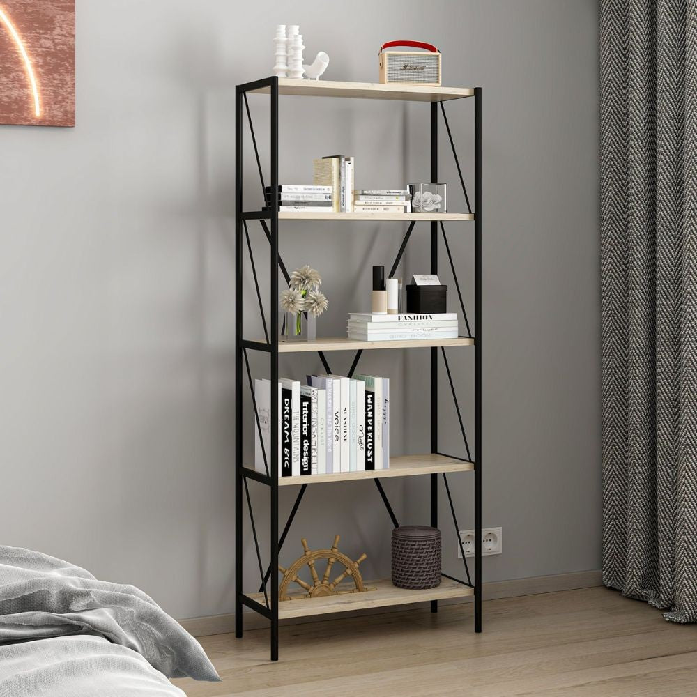 EGO ARREDO Libreria Axel Con Struttura In Metallo Nero E 5 Mensole In Rovere Sonoma