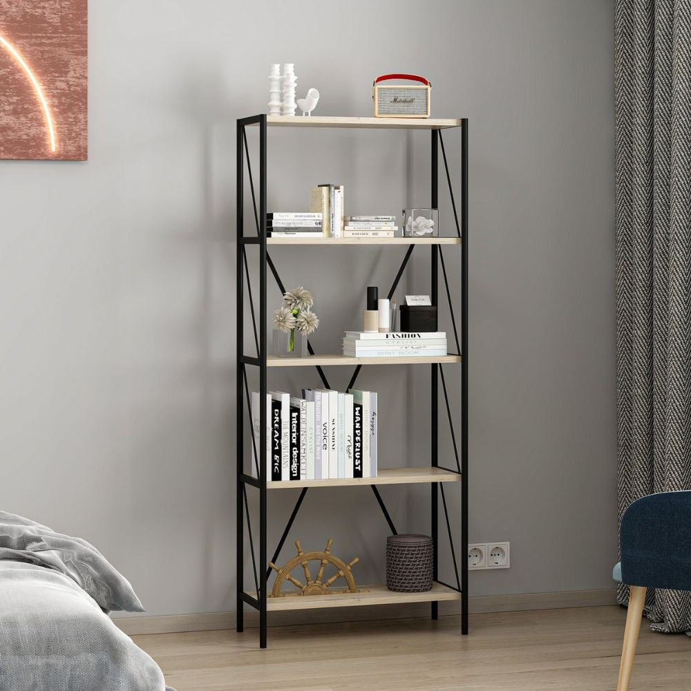 EGO ARREDO Libreria Axel Con Struttura In Metallo Nero E 5 Mensole In Rovere Sonoma