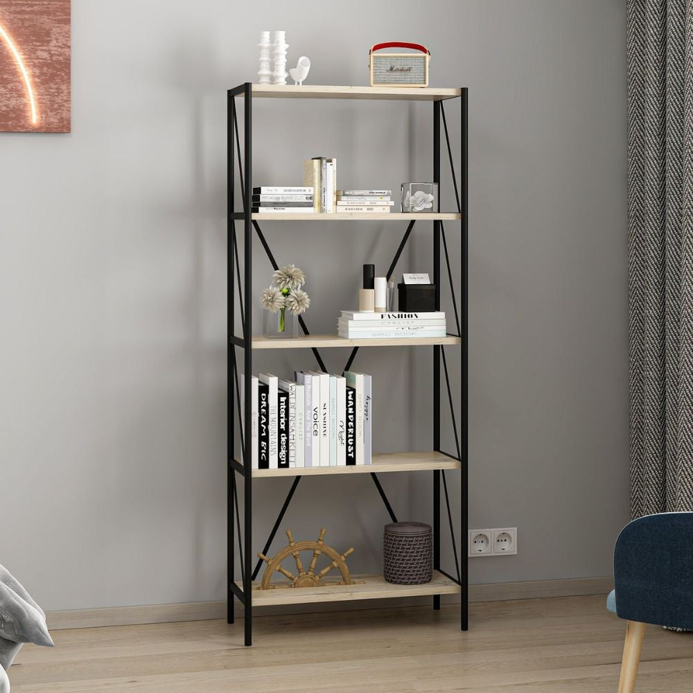 EGO ARREDO Libreria Axel Con Struttura In Metallo Nero E 5 Mensole In Rovere Sonoma