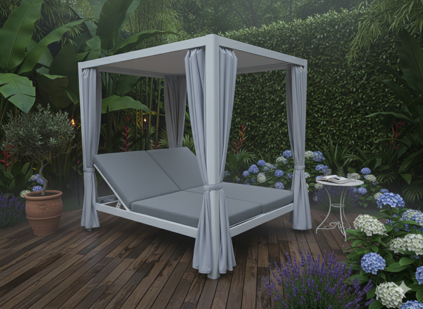 Vista frontale pergola letto Iridium Clima Natura in alluminio grigio con tende