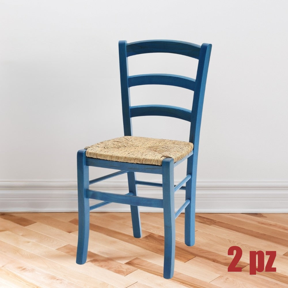 EGO ARREDO Sedia Venezia Colore Anilina Celeste In Legno Di Faggio Con Seduta In Paglia 2 pz