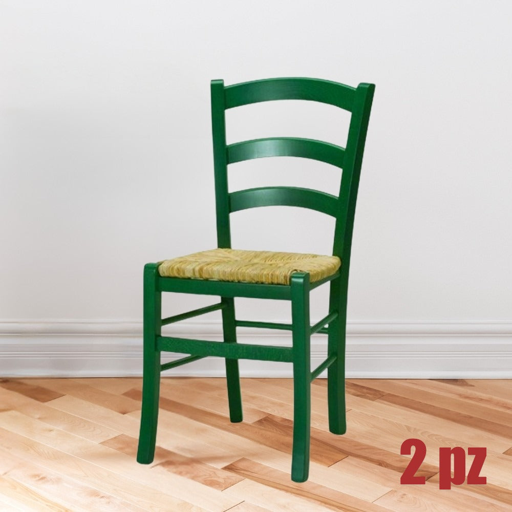 EGO ARREDO Sedia Venezia Colore Anilina Verde Scuro In Legno Di Faggio Con Seduta In Paglia 2pz