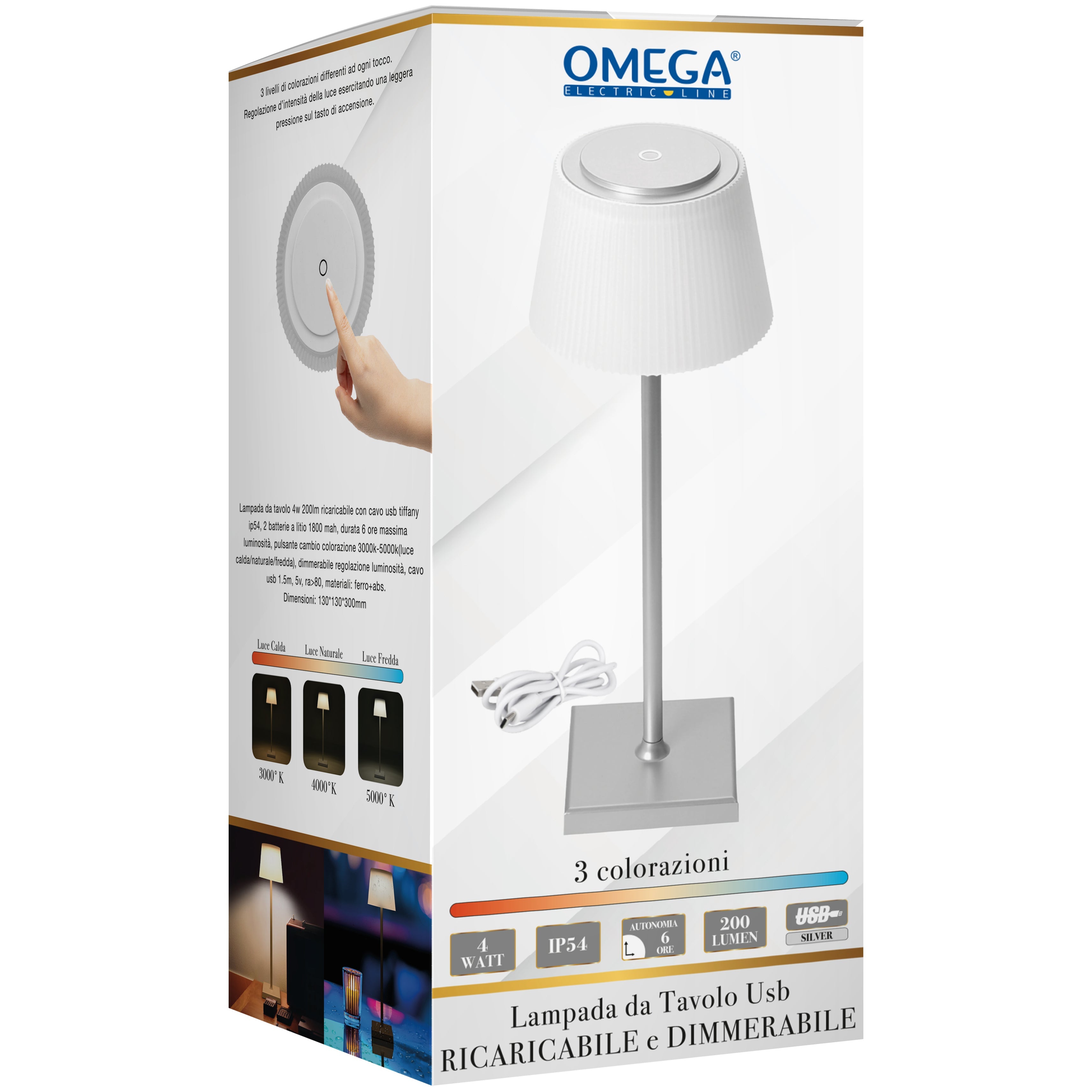 OMEGA Lampada da tavolo 4W ricaricabile con cavo usb