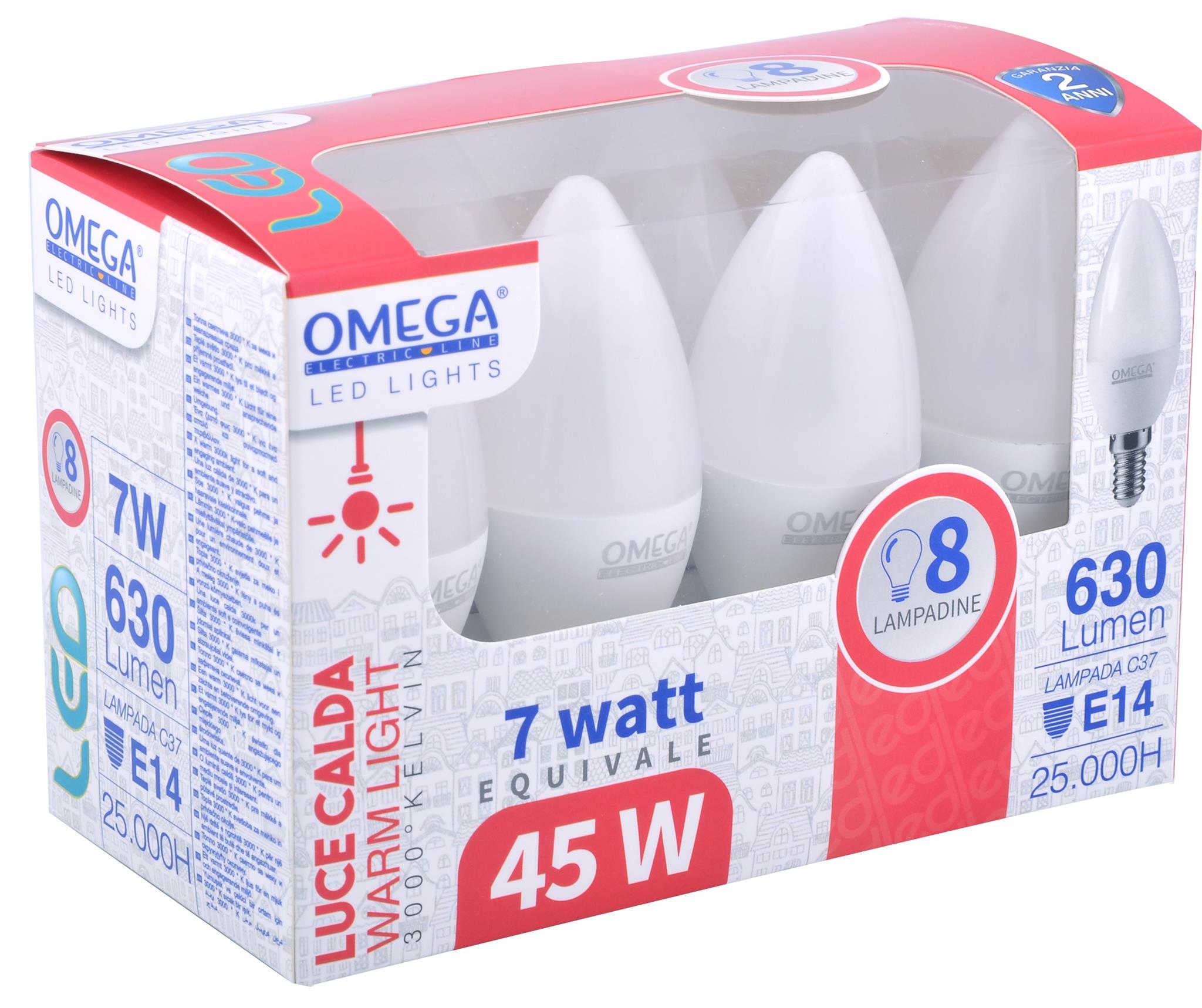 OMEGA Set 8 lampadine candela led 7W E14