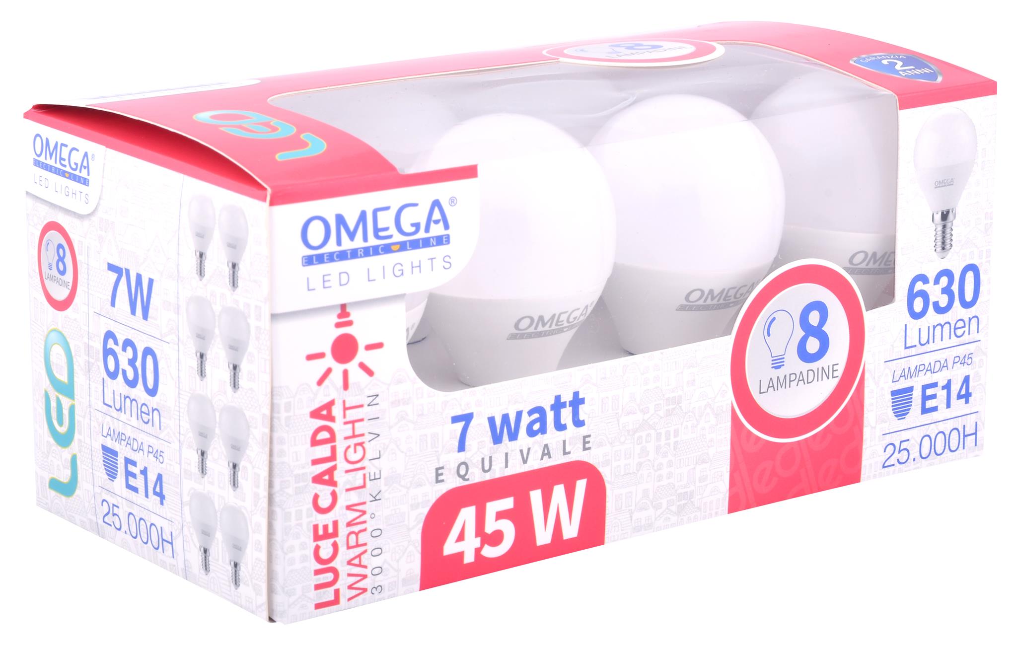 OMEGA Set 8 lampadine sfera led 7W E14