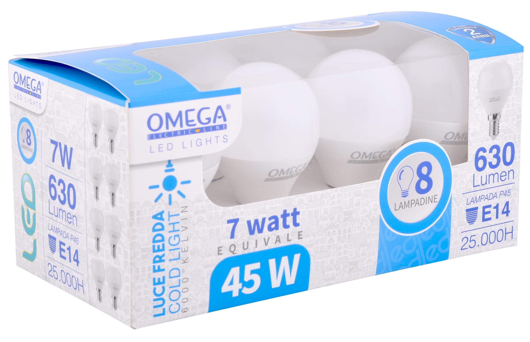 OMEGA Set 8 lampadine sfera led 7W E14